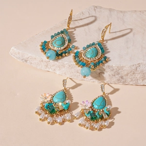 Retro flower teardrop earrings with turquoise stones, pearls and zircon accents