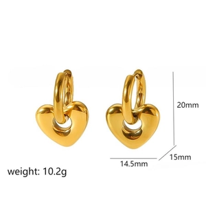 Polished gold heart drop earrings for women with dimensional size markings on white background