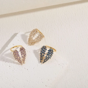 Luxurious 14K gold plated angel wing open rings with purple and blue zircon gemstones