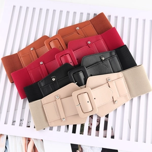 Elastic wide corsets in orange, red, black, and beige with PU leather buckle detail