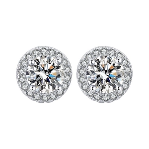 Classic silver Halo stud earrings with round center stone and diamond halo on white background