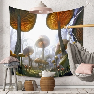 Detail of bohemian tapestry featuring a glowing fantasy mushroom forest scene on a wall