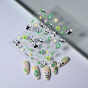 3D embossed panda nail stickers with cute bamboo designs and colorful floral patterns
