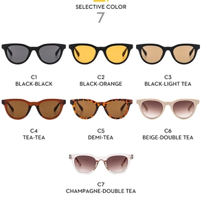 Flat lay display of stylish sunglasses in seven colors including black and orange