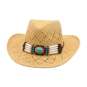 Western Cowboy Hat Breathable Hollow Straw Wide Brim Bohemian Turquoise Beads Vintage Ethnic Beach Sun Outdoor Hat