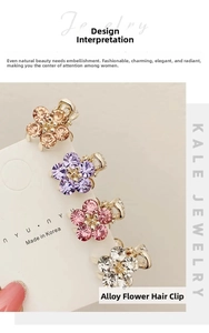 Detailed close-up of four crystal flower hair claws in champagne, purple, pink, and clear
