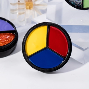 Macro shot of primary color solid nail gel polish palette in red yellow and blue