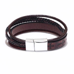 Men's multilayer braided leather bracelet with cross pattern and magnetic clasp