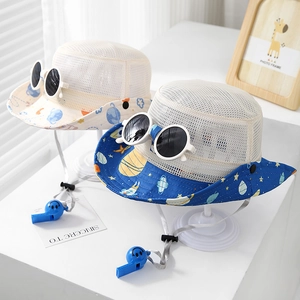 Breathable mesh baby bucket hat with cartoon space print and decorative sunglasses