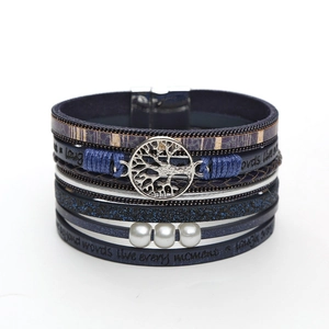 Bohemian multilayer leather wrap bracelet with white pearls and Tree of Life charm