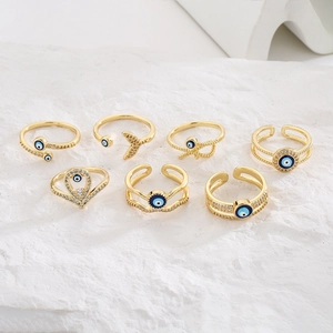 Evil Eye Open Ring Copper 18K Gold Plated Enamel Zircon Bohemian Adjustable Jewelry For Women