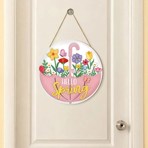 Hello Spring round wooden sign with floral umbrella design for front door decor