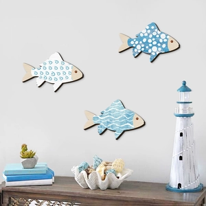 Lot de 3 décorations murales en bois en forme de poisson au style méditerranéen