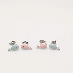 Detailed close-up of S925 sterling silver whale stud earrings with pink and blue enamel finish