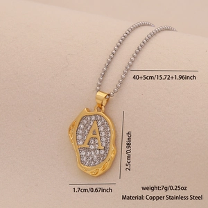 Detail showing dimensions of the gold letter A pendant necklace with pavé crystals