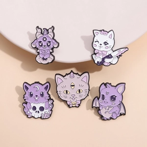 Creepy Cute Cat Enamel Pins Set Gothic Purple Animal Brooches Zinc Alloy Badge For Clothing Backpack Jacket Decoration Gift