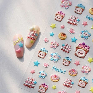 3D embossed sweet cartoon nail stickers featuring macaron flowers and cute star patterns