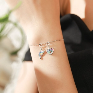 S925 sterling silver bracelet featuring rainbow cloud and heart lock colorful charms