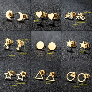Stainless Steel Stud Earrings 18K Gold Plated Simple Minimalist Geometric Heart Star Moon Bicycle Jewelry For Women