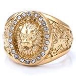 Detailed close-up of golden lion head ring featuring white rhinestones and side carvings