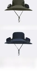 Detail of wide-brim solar fan hats showing breathable mesh and solar-powered cooling fans