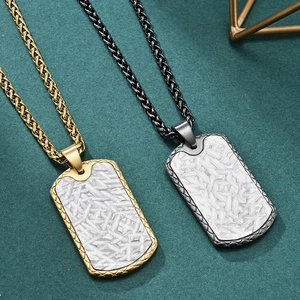 Men's titanium steel rectangle pendant necklaces in gold and black with bark texture