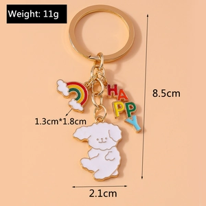 Detailed view of cartoon dog keychain with HAPPY charm and rainbow, length 8.5cm, weight 11g