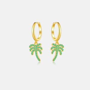 Detail of S925 sterling silver gold-plated hoop earrings with green crystal coconut palm trees