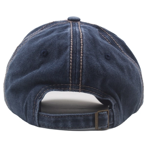 Detail of adjustable vintage denim baseball cap back with antique copper buckle