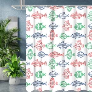 Detail view of modern bathroom shower curtain with colorful fish patterns on white fabric