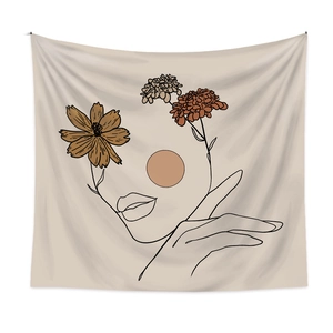 Minimalist line art tapestry featuring female silhouettes and colorful floral patterns