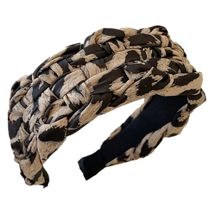 Braided leopard print headband in beige and black fabric for high cranial top hairstyle