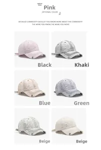 Close-up of distressed washed denim baseball caps showing frayed edges and metallic logo details