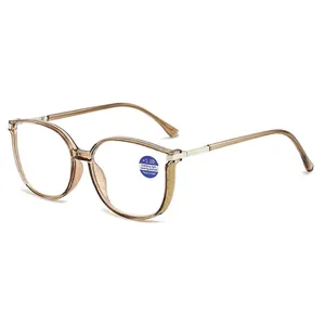 Women's amber blue light blocking reading glasses with large frame and gold metal temples