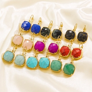 Cushion Cut Natural Stone Leverback Earrings Stainless Steel 14K Gold Plated Square Geometric Fashion Jewelry