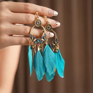 Boucles d'oreilles bohèmes en plumes turquoise avec filigrane doré tenues à la main