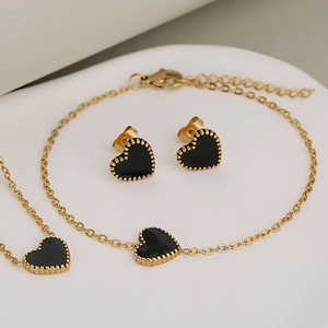 French style gold stainless steel jewelry set with black enamel heart necklace and earrings