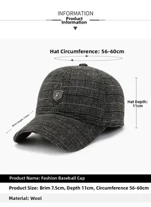 Detailed size chart of a plaid wool baseball cap with grey fabric and shield logo