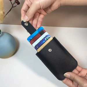 Black PU leather pull-out card holder with snap button and multiple stacked card slots