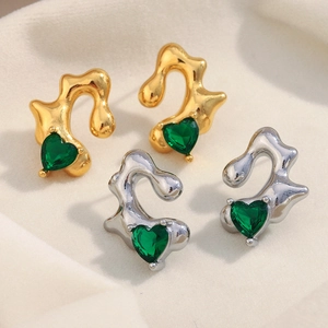 Heart Stud Earrings Stainless Steel 18K Gold Plated Irregular Molten Design With Green Gemstone For Women Jewelry