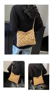 Detailed close-up of handmade beige woven crossbody bag with fringe and geometric patterns