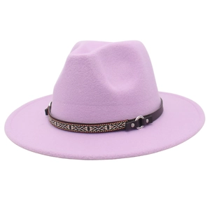 Detail of lavender wool fedora hat featuring ethnic woven band and silver metal buckle