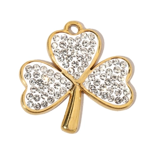 Close-up of golden clover pendant featuring sparkling white rhinestones and a top loop