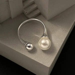 925 Sterling Silver Artificial Pearl Open Ring Minimalist Adjustable Geometric Bead Finger Jewelry For Women Elegant Stylish