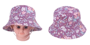 Detail view of purple floral print sun hat for kids with an adjustable white windproof chin strap