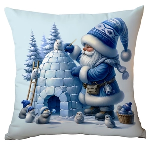 Detailed print of gnome building a snow house on a blue Christmas pillow cover