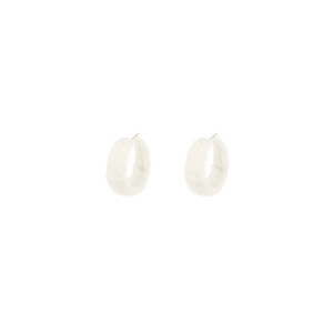 Winter elegant white faux fur hoop earrings with minimalist metal pins on white background