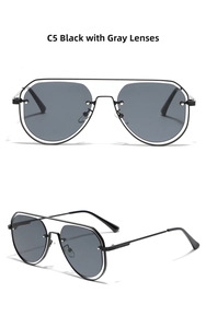 Detail of pilot sunglasses with black metal frames and grey lenses in a dual view