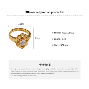Macro shot showing copper and zircon flower ring specifications and 2.2cm size details