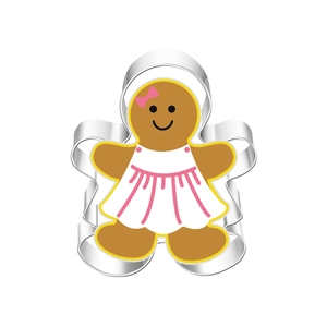 Detailed close-up of a gingerbread girl stainless steel cookie cutter with color accents
